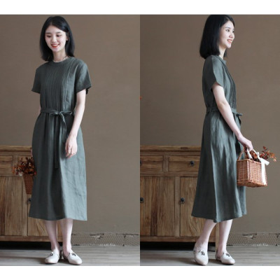 Đầm ngắn tay chất liệu linen cao cấp, dáng suông basic dễ mặc, phong cách kín đáo nhã nhặn NH191 xanh xám