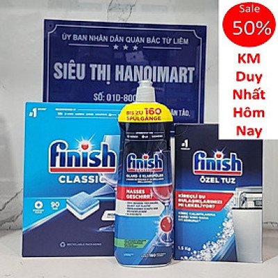 Combo rửa bát Finish: Hộp Classic 90 viên, Nước làm bóng chai 400ml, muối hộp 1,5kg - Chính Hãng.