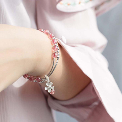 Vòng bạc đá thạch anh dâu phối charm bi mệnh hỏa, thổ - Ngọc Quý Gemstones