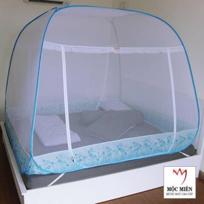 Màn Chụp , Mùng Chụp Cao Cấp Mộc Miên Đỉnh Rộng - Kích Thước 2,2mx2m Hoạ Tiết Hoa Lá Trắng Viền Xanh ( Hà Nội )