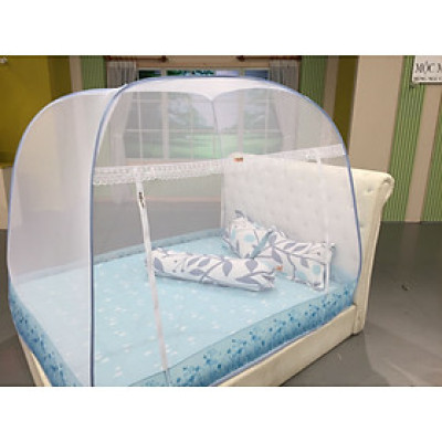 Màn tự bung cao cấp Mộc Miên đỉnh rộng trắng viền xanh loại 1,2mx2m-1 cửa - Mùng ngủ cao cấp Mộc Miên 