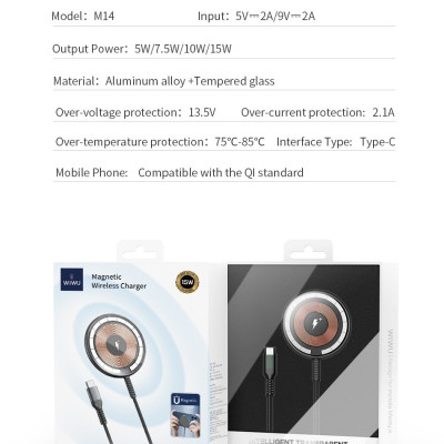 Sạc Wiwu M14 Magnetic Wireless 15W dành cho Smart Phone, Android Hỗ Trợ Bộ Sạc Không Dây 15W - Hàng Chính Hãng