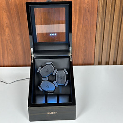 [BH 2 Năm Động Cơ] Hộp Đồng Hồ Cơ 3 Xoay + 3 Tĩnh Vỏ Gỗ Sơn Vân Gỗ Mun Có Đèn Led