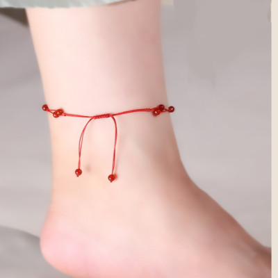 Lắc chân Nữ phong thủy gắn hạt đá thạch anh 6mm kết dây thủ công