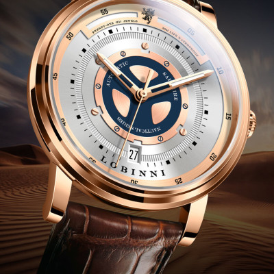 Đồng hồ nam Lobinni L18081-1 Chính hãng ,Kính sapphire nguyên khối ,chống xước,chống nước 50m,mặt trắng vỏ vàng hồng dây da nâu xịn, thép không gỉ 316L,Đồng hồ cơ (Automatic) bảo hành 24 tháng, hàng mới 100%,thiết kế đơn giản và sang trọng