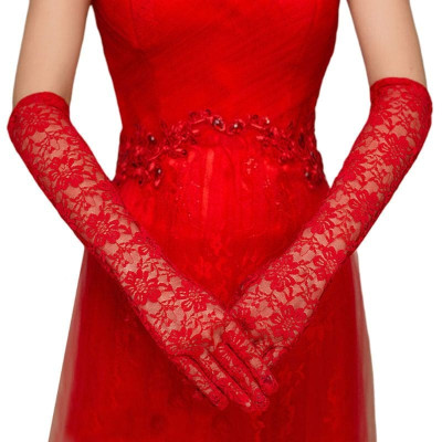Găng tay ren hoa dáng dài màu đỏ cho Cô dâu và Dạ hội, đi tiệc, sự kiện MS: 42222