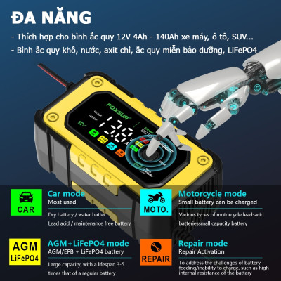ạc bình ắc quy Foxsur 7A 12V(4Ah - 140Ah)sạc cho cả pin LiFePO4 tự ngắt khử sunfat chống ngược cực chống chập