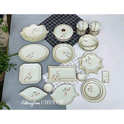 Bộ bát đĩa Bát Tràng men kem đào hồng đầy đủ