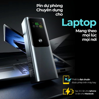 Pin Sạc Dự Phòng Laptop HubbFast LAP100 100W 26800mAh, Sạc Nhanh PD Type-C USB-A, Màn Hình LED, Đa Năng, Hàng chính hãng