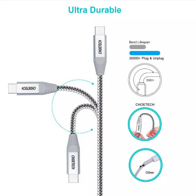 Dây Cáp Sạc Nhanh Type C To C 60W Dài 1.8M, Dây Nylon Dù Sạc Nhanh Cho iPhone 15, iP16, Android CHOETECH CC0005 - Hàng Chính Hãng