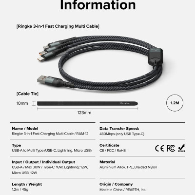 Cáp sạc nhanh đa năng cho điện thoại/tablet RINGKE 3-in-1 Fast Charging Multi Cable 1.2M - Hàng Chính Hãng