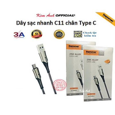 Dây sạc nhanh Ham mer ( H-C11-C ) 3A , chân Type C, Có đèn báo, Hàng chính hãng bảo hành 12 tháng