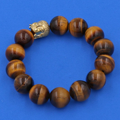 Vòng đeo tay đá Mắt Hổ vàng đen 14 ly cẩn hạt Phật A Di Đà inox vàng VMHVENLV14 - hợp mệnh Thổ, mệnh Kim