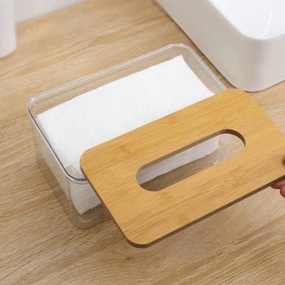 11x11x8.5 Hộp Đựng Giấy Ăn Khăn Giấy Nhựa MiKa Trong Suốt Nắp Gỗ Tre Tự Nhiên Màu Sắc Kiểu Dáng Phong Cách Bắc Âu VUÔNG