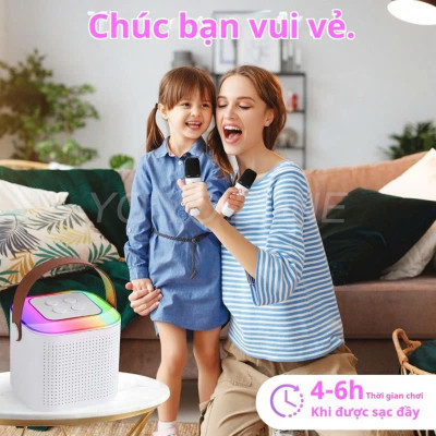 Loa Bluetooth mini kèm 2 micro hát karaoke không dây - Mic hát karaoke âm thanh chất lượng lọc âm khử nhiễu LED RGB - Hàng Nhập Khẩu