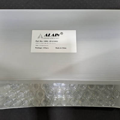 Chai thủy tinh đựng mẫu phân tích 10ml trắng trong 22.5x46mm + Nắp bấm 20mm có lỗ đệm septa Silicone white/ PTFE natural, 100 cái/hộp