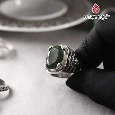 Nhẫn bạc nam mặt đá Ngọc bích 13x18mm Ni19 mệnh hỏa , mộc - Ngọc Quý Gemstones