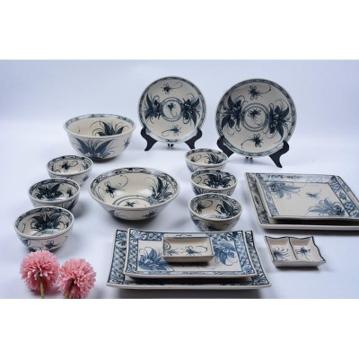 Bộ bát đĩa men rạn cổ. Gốm sứ Bát Tràng cao cấp.