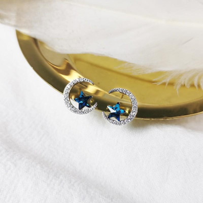 Khuyên tai bạc 925 trăng sao xanh đính đá lấp lánh long lanh nổi bật trẻ trung thanh lịch Dế Bạc - K5359