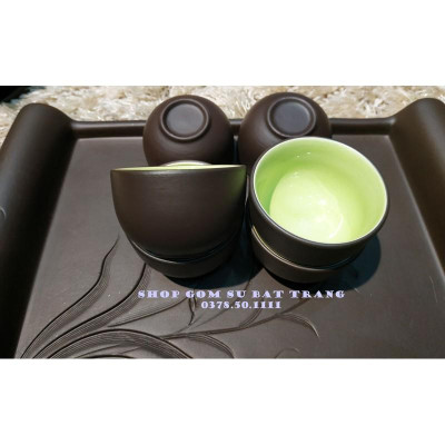 Bộ ấm trà gốm đắp tay khay chữ nhật 29x19cm