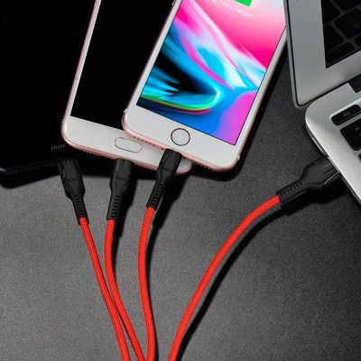 Cáp sạc 3 đầu HOCO U31 Dành cho điện thoại iPhone iP Huawei Samsung Oppo Realme - Hàng chính hãng