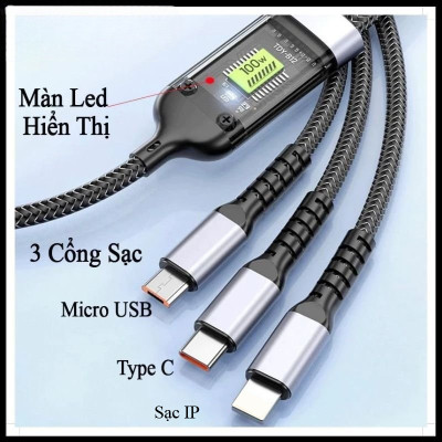 Dây Sạc 3 Đầu, Dây Sạc Nhanh 100W Với 3 Đầu Sạc Phù Hợp Với Nhiều Dòng Điện Thoại Dài Khoảng 1 Mét - Hàng Nhập Khẩu