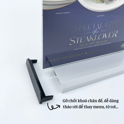 Kệ menu nhà hàng, Standee mica để bàn, Bảng quét mã QR Code, Kệ mica 2 mặt Enter E35 300x210mm đế nhôm A4 ngang