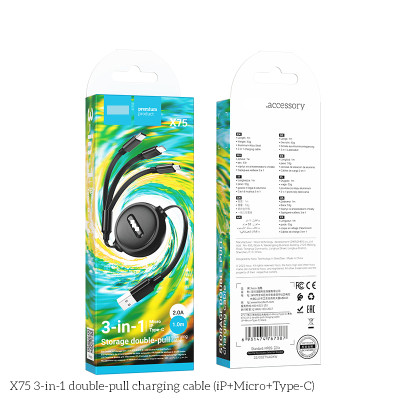 Cáp sạc đa năng dây rút Ho. X75 3 in 1 dây dẹp chống đứt, độ dài 1 mét ( hàng chính hãng)