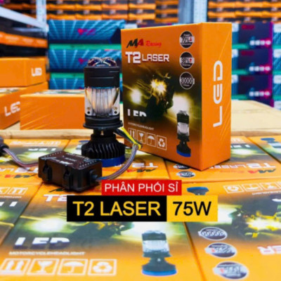 Đèn Pha Bi Led T2 Laser MA Racing bản mới 2024 80W có trợ pha laser tâm vàng sáng mạnh