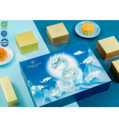 Hộp bánh trung thu cao cấp tráng gương 4 bánh 2 trứng 220g - Long Hưng - Thành Long 880g - Tặng 1 hộp trà - Việt Nam