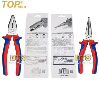 Bộ 2 kìm điện - nhọn trợ lực chuyên nghiệp TOP GOLD 160mm, thép Hi-Cr cao cấp, thiết kế cộng lực tiết kiệm 50% lực bấm