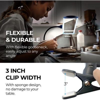 Kính lúp cao cấp để bàn đọc sách, đọc điện thoại Magnipros 1819+CP (4X, có đèn led chống chói và giảm mỏi mắt, có thể để bàn hoặc kẹp bàn)