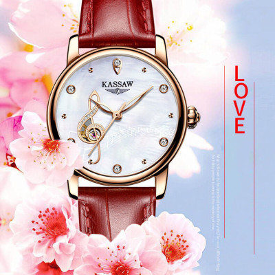 Đồng hồ nữ chính hãng KASSAW K815-1 ,Fullbox, Kính sapphire ,chống xước,chống nước,mặt trắng vỏ vàng hồng dây da, thép không gỉ 316L, Mới 100%,Bảo hành 24 tháng,thiết kế lộ cơ đơn giản,trẻ trung và sang trọng