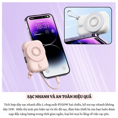 Pin sạc dự phòng không dây từ tính nam châm sạc nhanh 22.5W, dung lượng 10.000 mAh hiệu WIWU W-P049 Tích hợp dây sạc Type C, đạt tiêu chuẩn sạc quốc tế - Hàng nhập khẩu