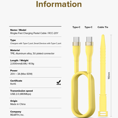 Cáp sạc nhanh cho điện thoại/laptop/tablet RINGKE Fast Charging Pastel Cable C-to-C nhiều màu - Hàng Chính Hãng