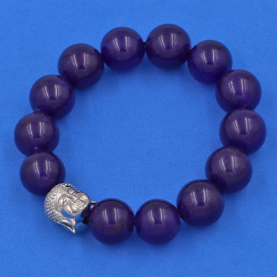 Vòng đeo tay Thạch Anh Tím 14 ly cẩn hạt Phật A Di Đà inox bạc VTAINLT14 - hợp mệnh Hỏa, mệnh Thổ