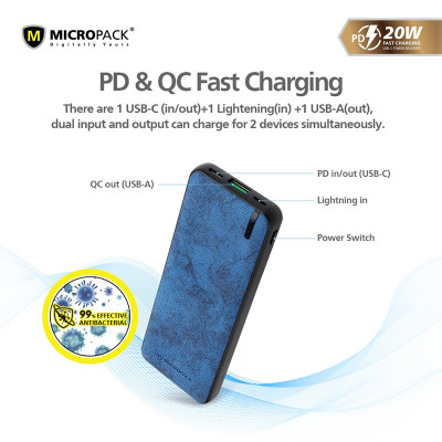 Pin Sạc Dự Phòng MicroPack ANTIBACTERIAL POWER STORE 1020 PB-1020 Dung Lượng 10.000mAh Phủ Lớp Da PU Kháng Khuẩn Hàng Chính Hãng
