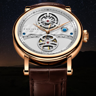 Đồng hồ nam Poniger P817-1 Chính hãng ,Kính sapphire nguyên khối ,chống xước,chống nước 50m,mặt trắng vỏ vàng hồng dây da nâu ( đen) xịn,vỏ máy thép không gỉ 316L,Đồng hồ cơ (Automatic) bảo hành 24 tháng, hàng mới 100%,thiết kế trẻ trung và sang trọng