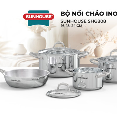 Bộ Nồi Chảo Inox 304 Đáy Liền Sunhouse SHG808