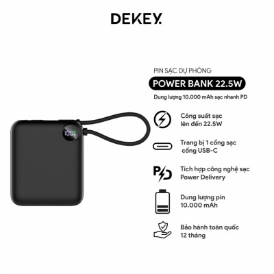 Pin Sạc Dự Phòng 10.000mAh Sạc nhanh 22.5W USB-C PD Power Bank DEKEY Power Pioneer kèm cáp sạc, chính hãng Dekey Japan_ Hàng chính hãng