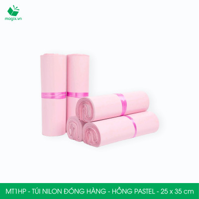 MT1HP - 25x35 cm  - Túi nilon gói hàng - 300 túi niêm phong đóng hàng màu hồng pastel