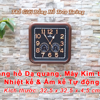 Đồng Hồ Treo Tường Cao Cấp KIM TRÔI EASTAR SỐ NỔI 3D có DẠ QUANG và NHIỆT ẨM KẾ CƠ (Không Dùng Pin) - Hình Vuông Mặt Đen - Tặng Pin AA - Bảo Hành 1 Năm