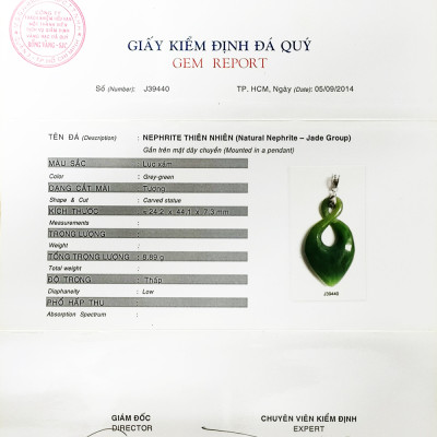 Mặt Dây Chuyền Kiểu Đá Ngọc Bích Nephrite Thiên Nhiên Kiểm Định