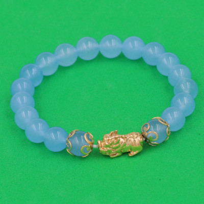 Vòng đeo tay Thạch Anh Xanh Biển 8 ly - cẩn Tỳ Hưu Phong Thủy inox vàng VTAXBTHHKV8 - hợp mệnh Mộc, mệnh Thủy