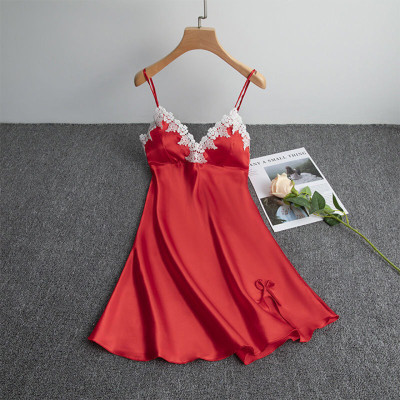 Váy ngủ lụa hai dây ren ngực vạt xẻ tà kèm mút ngực sexy Q153 - Đầm ngủ lụa hai dây kèm mút ngực gợi cảm - Đầm ngủ