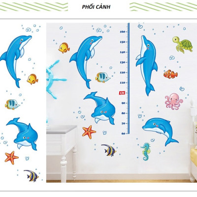 Decal dán tường thước đo Cá heo nhảy múa AmyShop (160 x 110cm)