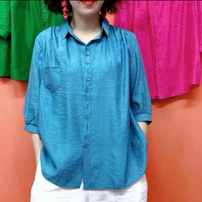 Áo sơ mi kiểu tay lỡ cổ đức, chất liệu Đũi tơ mềm mát, thấm hút mồ hôi, áo kiểu nữ dễ thương, NeSa Shop AT12