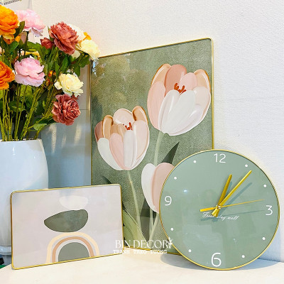 (CÓ ẢNH THẬT) Tranh đồng hồ tráng gương hoa tulip bộ 3 tranh bo viền kèm đinh và pin