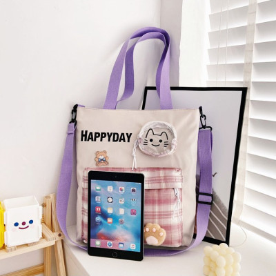 Túi đeo chéo BH Kids, họa tiết Caro HAPPY DAY, vải Canvas, in hình mèo con xinh xắn - CH127