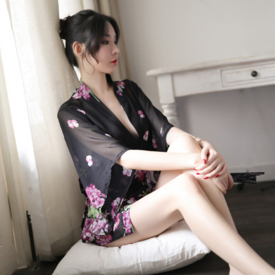 Áo choàng tắm Pyjama voan hoa ngắn tay gợi cảm